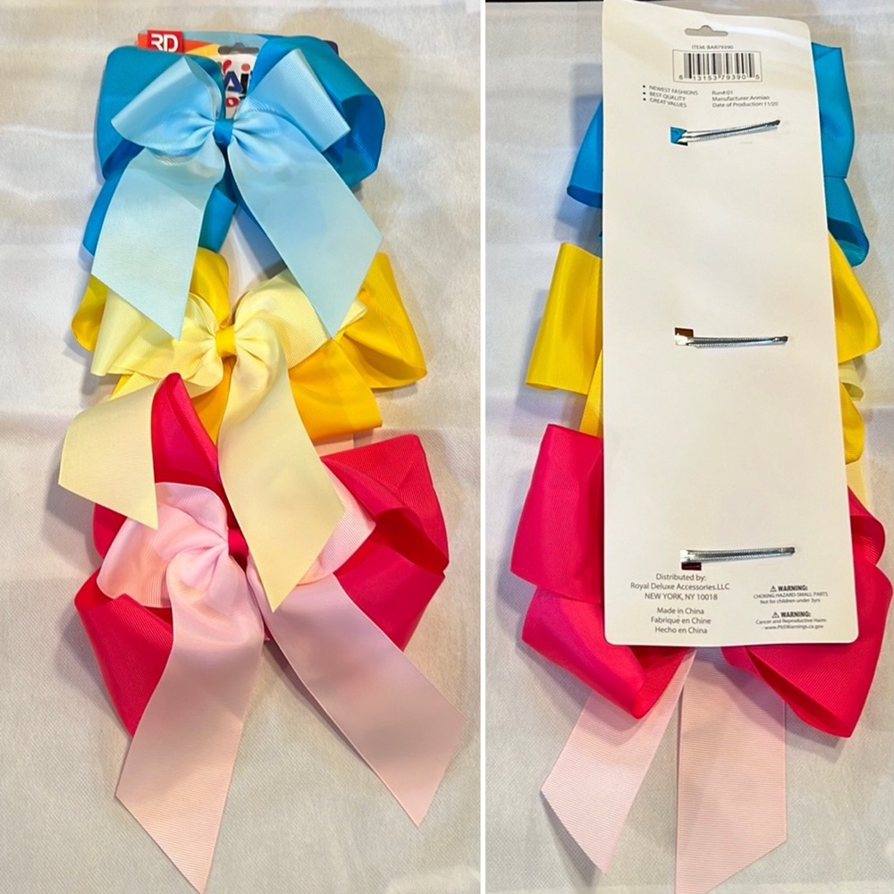 NWT-Set of 3-Large Two tone Grosgrain Ribbon Hair Bows on Clips